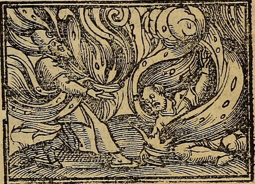 An illustration from Den Bibel, met grooter neersticheyt gecorrigeert : eñ op die canten gheset den ouderdom der werelt : ende hoe lange die gheschiedenissen ende historien der Bibelen elck int zijn voor Christus gheboorte gheweest zijn : ende daer bi vergadert wt fasciculus temporum, ende wt dye cronike va alder werelt, die principael historie der machtiger heydenscher conincrijcke, daer die heylige scrift oock dickwils af vermaent, tot een claerder verstant der Bibelscher historien : ende oock een onderscheyt der tijden te hebben, 1535, leaf 80