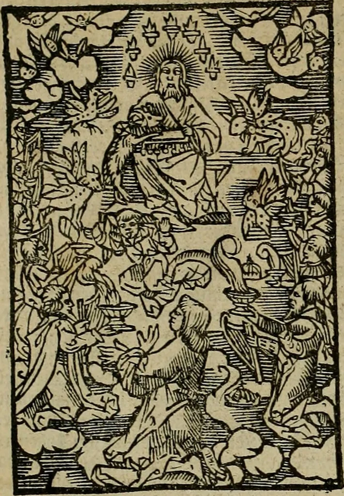 An illustration from Den Bibel, met grooter neersticheyt gecorrigeert : eñ op die canten gheset den ouderdom der werelt : ende hoe lange die gheschiedenissen ende historien der Bibelen elck int zijn voor Christus gheboorte gheweest zijn : ende daer bi vergadert wt fasciculus temporum, ende wt dye cronike va alder werelt, die principael historie der machtiger heydenscher conincrijcke, daer die heylige scrift oock dickwils af vermaent, tot een claerder verstant der Bibelscher historien : ende oock een onderscheyt der tijden te hebben, 1535, leaf 875