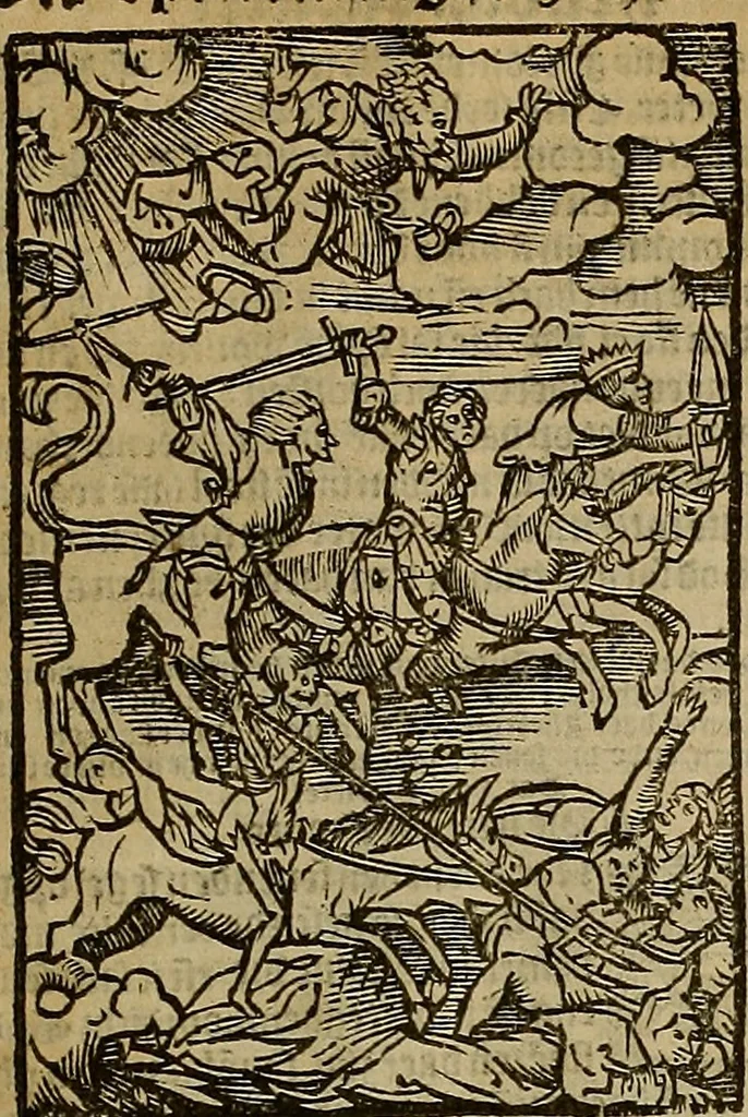 An illustration from Den Bibel, met grooter neersticheyt gecorrigeert : eñ op die canten gheset den ouderdom der werelt : ende hoe lange die gheschiedenissen ende historien der Bibelen elck int zijn voor Christus gheboorte gheweest zijn : ende daer bi vergadert wt fasciculus temporum, ende wt dye cronike va alder werelt, die principael historie der machtiger heydenscher conincrijcke, daer die heylige scrift oock dickwils af vermaent, tot een claerder verstant der Bibelscher historien : ende oock een onderscheyt der tijden te hebben, 1535, leaf 876