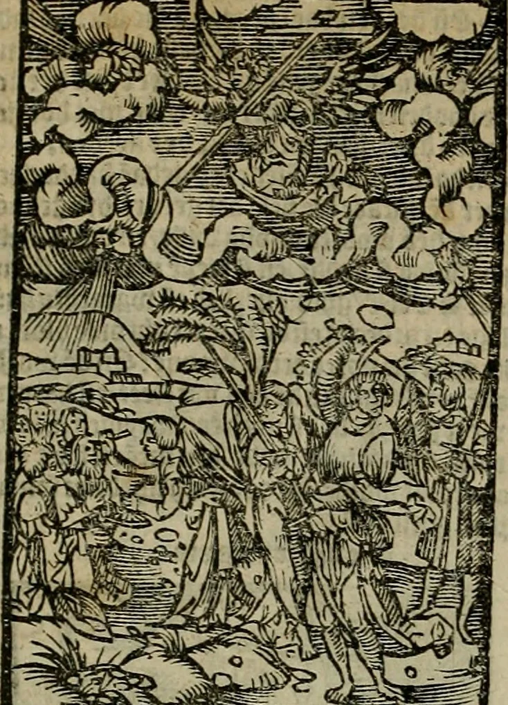 An illustration from Den Bibel, met grooter neersticheyt gecorrigeert : eñ op die canten gheset den ouderdom der werelt : ende hoe lange die gheschiedenissen ende historien der Bibelen elck int zijn voor Christus gheboorte gheweest zijn : ende daer bi vergadert wt fasciculus temporum, ende wt dye cronike va alder werelt, die principael historie der machtiger heydenscher conincrijcke, daer die heylige scrift oock dickwils af vermaent, tot een claerder verstant der Bibelscher historien : ende oock een onderscheyt der tijden te hebben, 1535, leaf 877