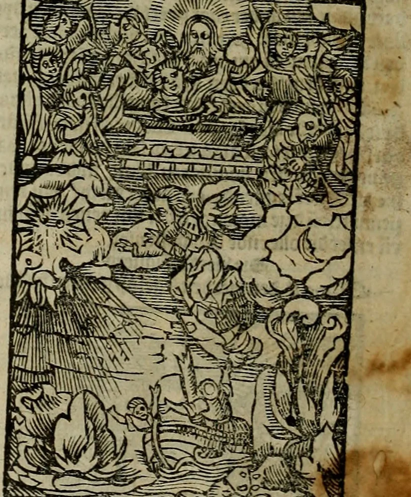 An illustration from Den Bibel, met grooter neersticheyt gecorrigeert : eñ op die canten gheset den ouderdom der werelt : ende hoe lange die gheschiedenissen ende historien der Bibelen elck int zijn voor Christus gheboorte gheweest zijn : ende daer bi vergadert wt fasciculus temporum, ende wt dye cronike va alder werelt, die principael historie der machtiger heydenscher conincrijcke, daer die heylige scrift oock dickwils af vermaent, tot een claerder verstant der Bibelscher historien : ende oock een onderscheyt der tijden te hebben, 1535, leaf 877