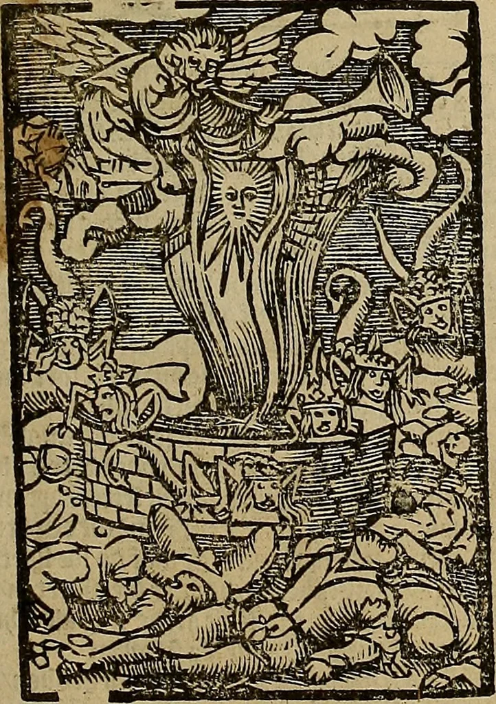 An illustration from Den Bibel, met grooter neersticheyt gecorrigeert : eñ op die canten gheset den ouderdom der werelt : ende hoe lange die gheschiedenissen ende historien der Bibelen elck int zijn voor Christus gheboorte gheweest zijn : ende daer bi vergadert wt fasciculus temporum, ende wt dye cronike va alder werelt, die principael historie der machtiger heydenscher conincrijcke, daer die heylige scrift oock dickwils af vermaent, tot een claerder verstant der Bibelscher historien : ende oock een onderscheyt der tijden te hebben, 1535, leaf 878