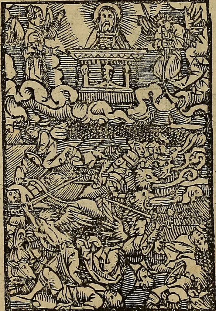 An illustration from Den Bibel, met grooter neersticheyt gecorrigeert : eñ op die canten gheset den ouderdom der werelt : ende hoe lange die gheschiedenissen ende historien der Bibelen elck int zijn voor Christus gheboorte gheweest zijn : ende daer bi vergadert wt fasciculus temporum, ende wt dye cronike va alder werelt, die principael historie der machtiger heydenscher conincrijcke, daer die heylige scrift oock dickwils af vermaent, tot een claerder verstant der Bibelscher historien : ende oock een onderscheyt der tijden te hebben, 1535, leaf 878