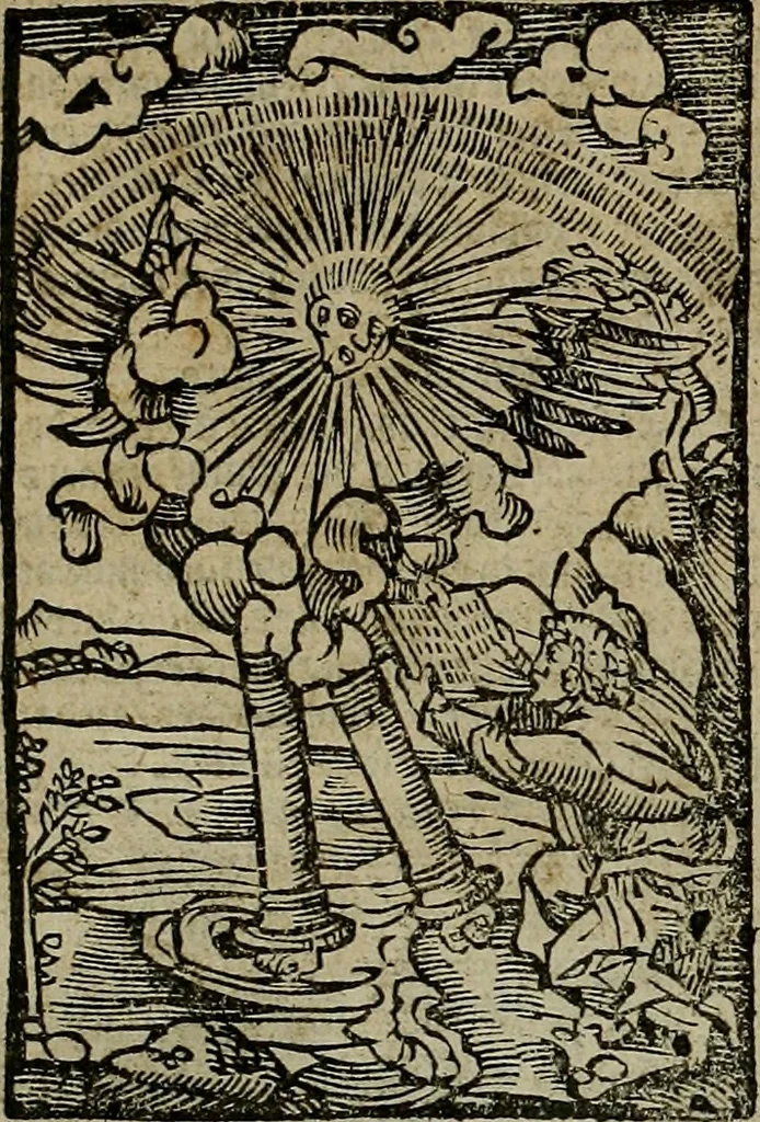 An illustration from Den Bibel, met grooter neersticheyt gecorrigeert : eñ op die canten gheset den ouderdom der werelt : ende hoe lange die gheschiedenissen ende historien der Bibelen elck int zijn voor Christus gheboorte gheweest zijn : ende daer bi vergadert wt fasciculus temporum, ende wt dye cronike va alder werelt, die principael historie der machtiger heydenscher conincrijcke, daer die heylige scrift oock dickwils af vermaent, tot een claerder verstant der Bibelscher historien : ende oock een onderscheyt der tijden te hebben, 1535, leaf 879