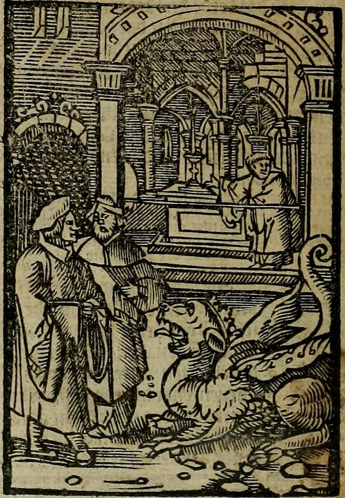 An illustration from Den Bibel, met grooter neersticheyt gecorrigeert : eñ op die canten gheset den ouderdom der werelt : ende hoe lange die gheschiedenissen ende historien der Bibelen elck int zijn voor Christus gheboorte gheweest zijn : ende daer bi vergadert wt fasciculus temporum, ende wt dye cronike va alder werelt, die principael historie der machtiger heydenscher conincrijcke, daer die heylige scrift oock dickwils af vermaent, tot een claerder verstant der Bibelscher historien : ende oock een onderscheyt der tijden te hebben, 1535, leaf 879