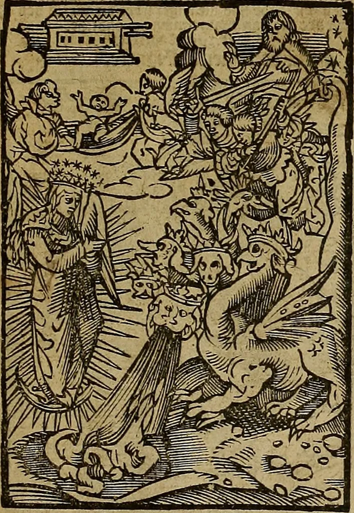 An illustration from Den Bibel, met grooter neersticheyt gecorrigeert : eñ op die canten gheset den ouderdom der werelt : ende hoe lange die gheschiedenissen ende historien der Bibelen elck int zijn voor Christus gheboorte gheweest zijn : ende daer bi vergadert wt fasciculus temporum, ende wt dye cronike va alder werelt, die principael historie der machtiger heydenscher conincrijcke, daer die heylige scrift oock dickwils af vermaent, tot een claerder verstant der Bibelscher historien : ende oock een onderscheyt der tijden te hebben, 1535, leaf 880