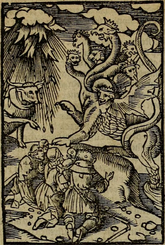 An illustration from Den Bibel, met grooter neersticheyt gecorrigeert : eñ op die canten gheset den ouderdom der werelt : ende hoe lange die gheschiedenissen ende historien der Bibelen elck int zijn voor Christus gheboorte gheweest zijn : ende daer bi vergadert wt fasciculus temporum, ende wt dye cronike va alder werelt, die principael historie der machtiger heydenscher conincrijcke, daer die heylige scrift oock dickwils af vermaent, tot een claerder verstant der Bibelscher historien : ende oock een onderscheyt der tijden te hebben, 1535, leaf 881