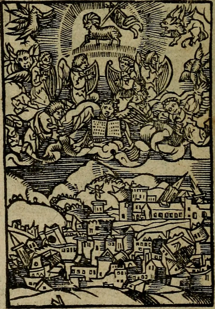 An illustration from Den Bibel, met grooter neersticheyt gecorrigeert : eñ op die canten gheset den ouderdom der werelt : ende hoe lange die gheschiedenissen ende historien der Bibelen elck int zijn voor Christus gheboorte gheweest zijn : ende daer bi vergadert wt fasciculus temporum, ende wt dye cronike va alder werelt, die principael historie der machtiger heydenscher conincrijcke, daer die heylige scrift oock dickwils af vermaent, tot een claerder verstant der Bibelscher historien : ende oock een onderscheyt der tijden te hebben, 1535, leaf 881