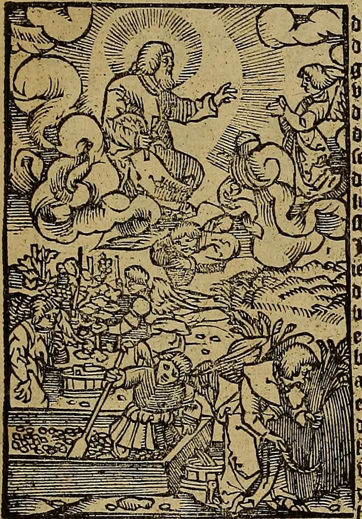 An illustration from Den Bibel, met grooter neersticheyt gecorrigeert : eñ op die canten gheset den ouderdom der werelt : ende hoe lange die gheschiedenissen ende historien der Bibelen elck int zijn voor Christus gheboorte gheweest zijn : ende daer bi vergadert wt fasciculus temporum, ende wt dye cronike va alder werelt, die principael historie der machtiger heydenscher conincrijcke, daer die heylige scrift oock dickwils af vermaent, tot een claerder verstant der Bibelscher historien : ende oock een onderscheyt der tijden te hebben, 1535, leaf 882