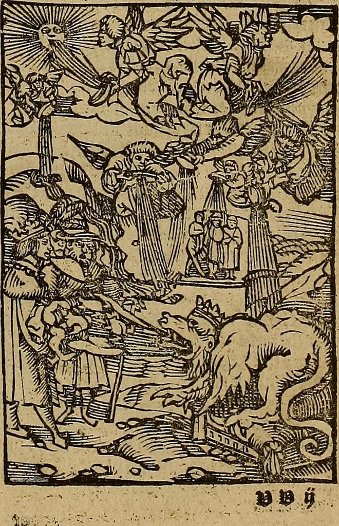 An illustration from Den Bibel, met grooter neersticheyt gecorrigeert : eñ op die canten gheset den ouderdom der werelt : ende hoe lange die gheschiedenissen ende historien der Bibelen elck int zijn voor Christus gheboorte gheweest zijn : ende daer bi vergadert wt fasciculus temporum, ende wt dye cronike va alder werelt, die principael historie der machtiger heydenscher conincrijcke, daer die heylige scrift oock dickwils af vermaent, tot een claerder verstant der Bibelscher historien : ende oock een onderscheyt der tijden te hebben, 1535, leaf 882