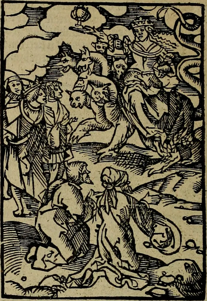 An illustration from Den Bibel, met grooter neersticheyt gecorrigeert : eñ op die canten gheset den ouderdom der werelt : ende hoe lange die gheschiedenissen ende historien der Bibelen elck int zijn voor Christus gheboorte gheweest zijn : ende daer bi vergadert wt fasciculus temporum, ende wt dye cronike va alder werelt, die principael historie der machtiger heydenscher conincrijcke, daer die heylige scrift oock dickwils af vermaent, tot een claerder verstant der Bibelscher historien : ende oock een onderscheyt der tijden te hebben, 1535, leaf 883