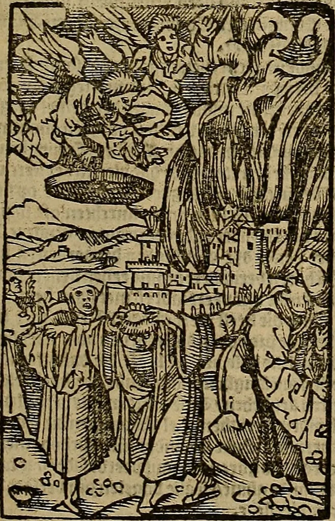 An illustration from Den Bibel, met grooter neersticheyt gecorrigeert : eñ op die canten gheset den ouderdom der werelt : ende hoe lange die gheschiedenissen ende historien der Bibelen elck int zijn voor Christus gheboorte gheweest zijn : ende daer bi vergadert wt fasciculus temporum, ende wt dye cronike va alder werelt, die principael historie der machtiger heydenscher conincrijcke, daer die heylige scrift oock dickwils af vermaent, tot een claerder verstant der Bibelscher historien : ende oock een onderscheyt der tijden te hebben, 1535, leaf 884