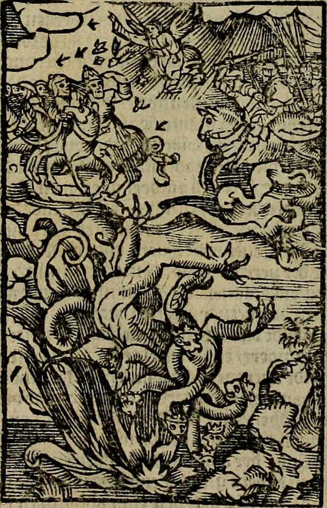 An illustration from Den Bibel, met grooter neersticheyt gecorrigeert : eñ op die canten gheset den ouderdom der werelt : ende hoe lange die gheschiedenissen ende historien der Bibelen elck int zijn voor Christus gheboorte gheweest zijn : ende daer bi vergadert wt fasciculus temporum, ende wt dye cronike va alder werelt, die principael historie der machtiger heydenscher conincrijcke, daer die heylige scrift oock dickwils af vermaent, tot een claerder verstant der Bibelscher historien : ende oock een onderscheyt der tijden te hebben, 1535, leaf 885