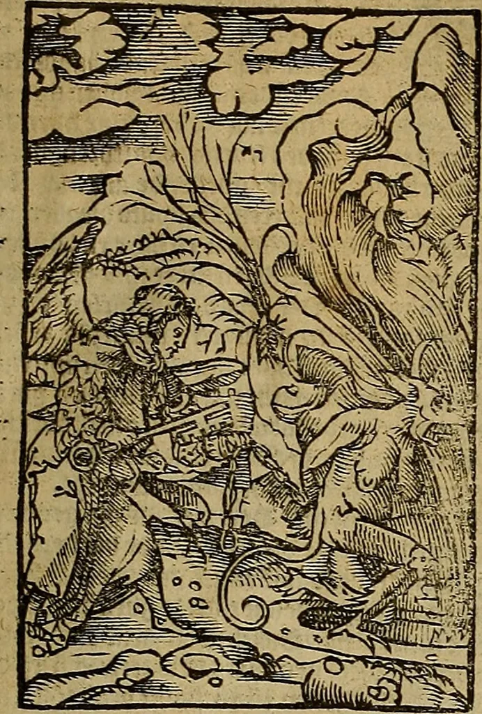 An illustration from Den Bibel, met grooter neersticheyt gecorrigeert : eñ op die canten gheset den ouderdom der werelt : ende hoe lange die gheschiedenissen ende historien der Bibelen elck int zijn voor Christus gheboorte gheweest zijn : ende daer bi vergadert wt fasciculus temporum, ende wt dye cronike va alder werelt, die principael historie der machtiger heydenscher conincrijcke, daer die heylige scrift oock dickwils af vermaent, tot een claerder verstant der Bibelscher historien : ende oock een onderscheyt der tijden te hebben, 1535, leaf 886