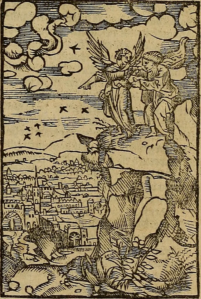 An illustration from Den Bibel, met grooter neersticheyt gecorrigeert : eñ op die canten gheset den ouderdom der werelt : ende hoe lange die gheschiedenissen ende historien der Bibelen elck int zijn voor Christus gheboorte gheweest zijn : ende daer bi vergadert wt fasciculus temporum, ende wt dye cronike va alder werelt, die principael historie der machtiger heydenscher conincrijcke, daer die heylige scrift oock dickwils af vermaent, tot een claerder verstant der Bibelscher historien : ende oock een onderscheyt der tijden te hebben, 1535, leaf 886