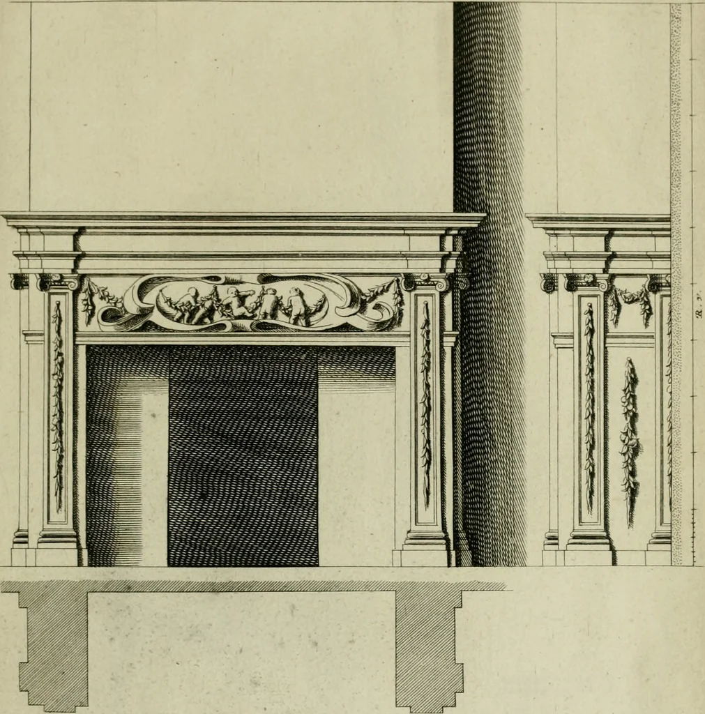 An illustration from Den doorluchtigen hooghgeboren vorst eñ heere Wilhem Henrick, van Gods genade Prince van Orange, werden dese afbeeldingen, van weinighe schoorsteen-wercken, meest ten bevele vande doorl. hooghgeborene Zijne Hooch.ts Heeren grootvader, vader en vrouw grootmoeder, 1655, leaf 12