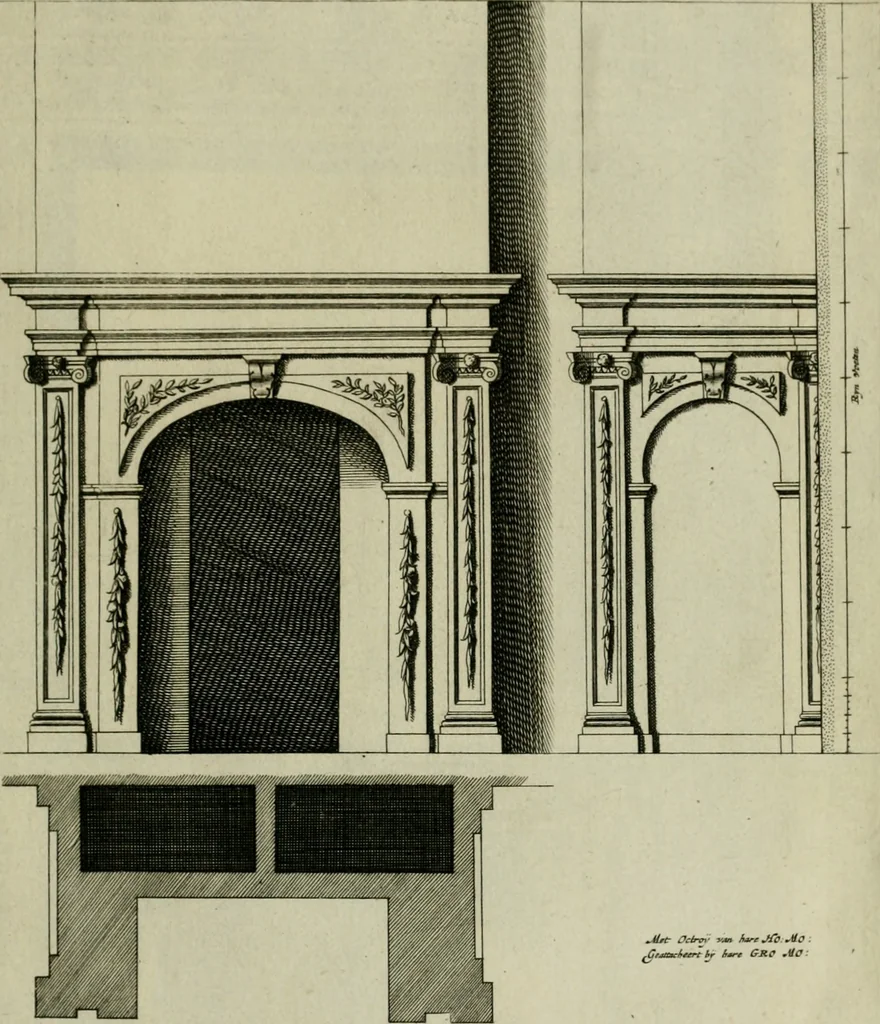 An illustration from Den doorluchtigen hooghgeboren vorst eñ heere Wilhem Henrick, van Gods genade Prince van Orange, werden dese afbeeldingen, van weinighe schoorsteen-wercken, meest ten bevele vande doorl. hooghgeborene Zijne Hooch.ts Heeren grootvader, vader en vrouw grootmoeder, 1655, leaf 14