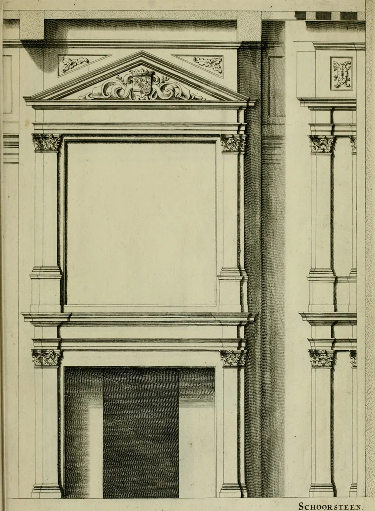An illustration from Den doorluchtigen hooghgeboren vorst eñ heere Wilhem Henrick, van Gods genade Prince van Orange, werden dese afbeeldingen, van weinighe schoorsteen-wercken, meest ten bevele vande doorl. hooghgeborene Zijne Hooch.ts Heeren grootvader, vader en vrouw grootmoeder, 1655, leaf 18