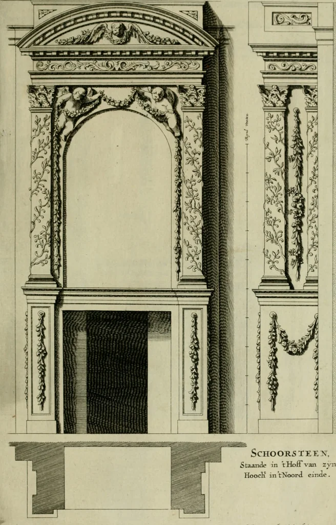 An illustration from Den doorluchtigen hooghgeboren vorst eñ heere Wilhem Henrick, van Gods genade Prince van Orange, werden dese afbeeldingen, van weinighe schoorsteen-wercken, meest ten bevele vande doorl. hooghgeborene Zijne Hooch.ts Heeren grootvader, vader en vrouw grootmoeder, 1655, leaf 28