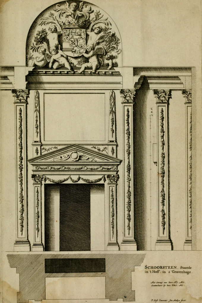 An illustration from Den doorluchtigen hooghgeboren vorst eñ heere Wilhem Henrick, van Gods genade Prince van Orange, werden dese afbeeldingen, van weinighe schoorsteen-wercken, meest ten bevele vande doorl. hooghgeborene Zijne Hooch.ts Heeren grootvader, vader en vrouw grootmoeder, 1655, leaf 42