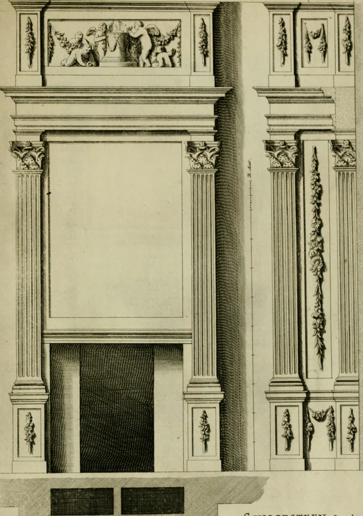 An illustration from Den doorluchtigen hooghgeboren vorst eñ heere Wilhem Henrick, van Gods genade Prince van Orange, werden dese afbeeldingen, van weinighe schoorsteen-wercken, meest ten bevele vande doorl. hooghgeborene Zijne Hooch.ts Heeren grootvader, vader en vrouw grootmoeder, 1655, leaf 44
