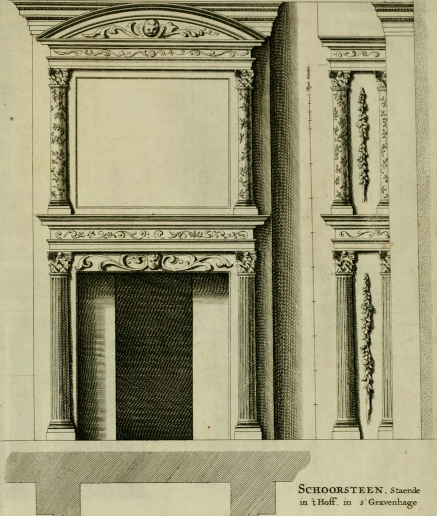 An illustration from Den doorluchtigen hooghgeboren vorst eñ heere Wilhem Henrick, van Gods genade Prince van Orange, werden dese afbeeldingen, van weinighe schoorsteen-wercken, meest ten bevele vande doorl. hooghgeborene Zijne Hooch.ts Heeren grootvader, vader en vrouw grootmoeder, 1655, leaf 46