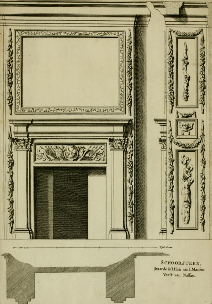 An illustration from Den doorluchtigen hooghgeboren vorst eñ heere Wilhem Henrick, van Gods genade Prince van Orange, werden dese afbeeldingen, van weinighe schoorsteen-wercken, meest ten bevele vande doorl. hooghgeborene Zijne Hooch.ts Heeren grootvader, vader en vrouw grootmoeder, 1655, leaf 50