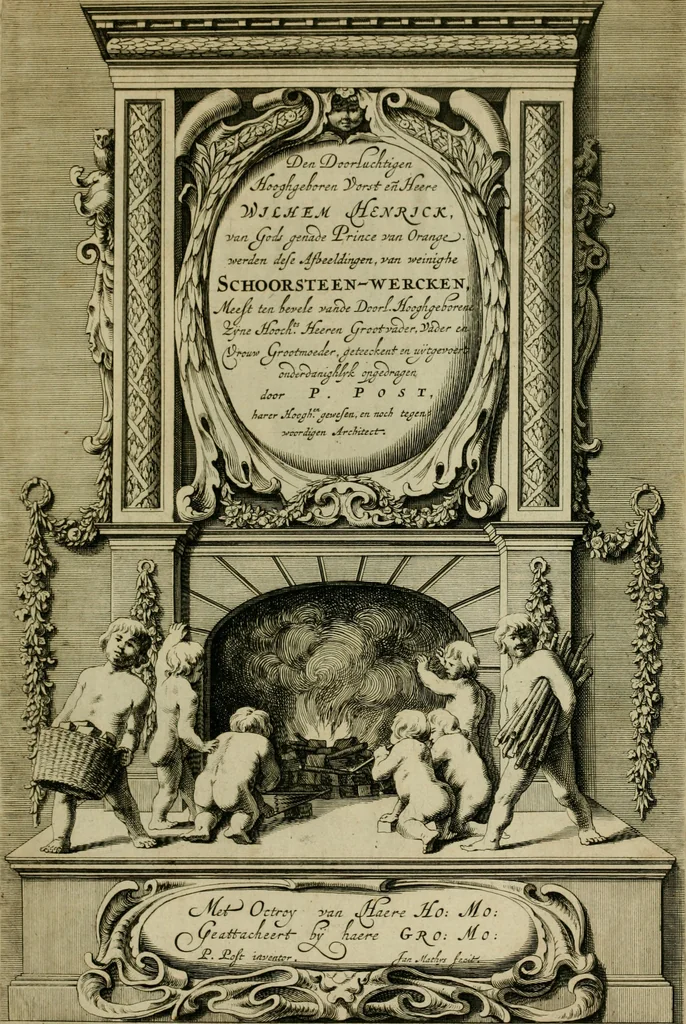 An illustration from Den doorluchtigen hooghgeboren vorst eñ heere Wilhem Henrick, van Gods genade Prince van Orange, werden dese afbeeldingen, van weinighe schoorsteen-wercken, meest ten bevele vande doorl. hooghgeborene Zijne Hooch.ts Heeren grootvader, vader en vrouw grootmoeder, 1655, leaf 6