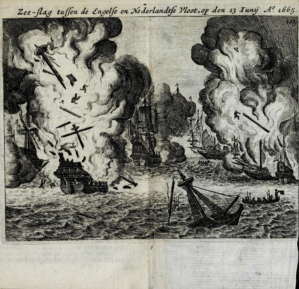 An illustration from Den Engelsen en Munstersen oorlogh t'egen de Vrye Vereenighde Nederlanden : beginnede in den jare 1664 en eyndigende met het sluyten van de vrede tot Breda, anno 1667, in 't kort beschreven : met de autenthijcke stucken en brieven van die geene, die den oorlogh en vredehandel self hebben by gewoont : nebens een inleydingh bevattende de ballinghschap en herstellingh van den tegenwoordigen Koningh van Engelandt, 1668, leaf 135