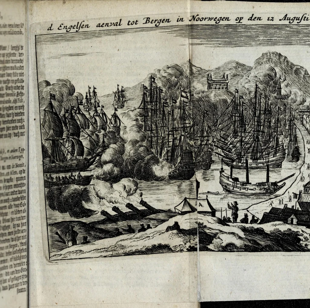 An illustration from Den Engelsen en Munstersen oorlogh t'egen de Vrye Vereenighde Nederlanden : beginnede in den jare 1664 en eyndigende met het sluyten van de vrede tot Breda, anno 1667, in 't kort beschreven : met de autenthijcke stucken en brieven van die geene, die den oorlogh en vredehandel self hebben by gewoont : nebens een inleydingh bevattende de ballinghschap en herstellingh van den tegenwoordigen Koningh van Engelandt, 1668, leaf 173