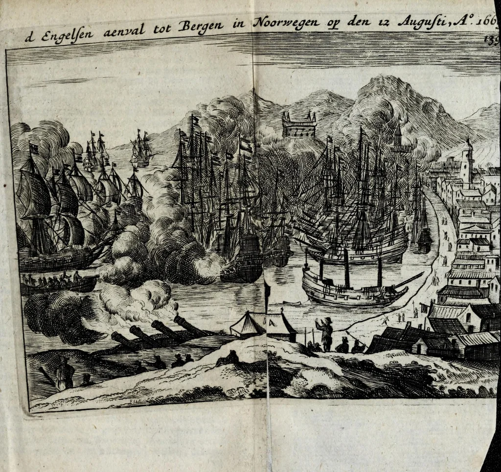 An illustration from Den Engelsen en Munstersen oorlogh t'egen de Vrye Vereenighde Nederlanden : beginnede in den jare 1664 en eyndigende met het sluyten van de vrede tot Breda, anno 1667, in 't kort beschreven : met de autenthijcke stucken en brieven van die geene, die den oorlogh en vredehandel self hebben by gewoont : nebens een inleydingh bevattende de ballinghschap en herstellingh van den tegenwoordigen Koningh van Engelandt, 1668, leaf 175