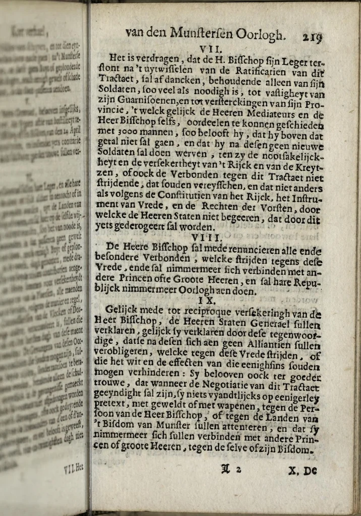 An illustration from Den Engelsen en Munstersen oorlogh t'egen de Vrye Vereenighde Nederlanden : beginnede in den jare 1664 en eyndigende met het sluyten van de vrede tot Breda, anno 1667, in 't kort beschreven : met de autenthijcke stucken en brieven van die geene, die den oorlogh en vredehandel self hebben by gewoont : nebens een inleydingh bevattende de ballinghschap en herstellingh van den tegenwoordigen Koningh van Engelandt, 1668, leaf 265