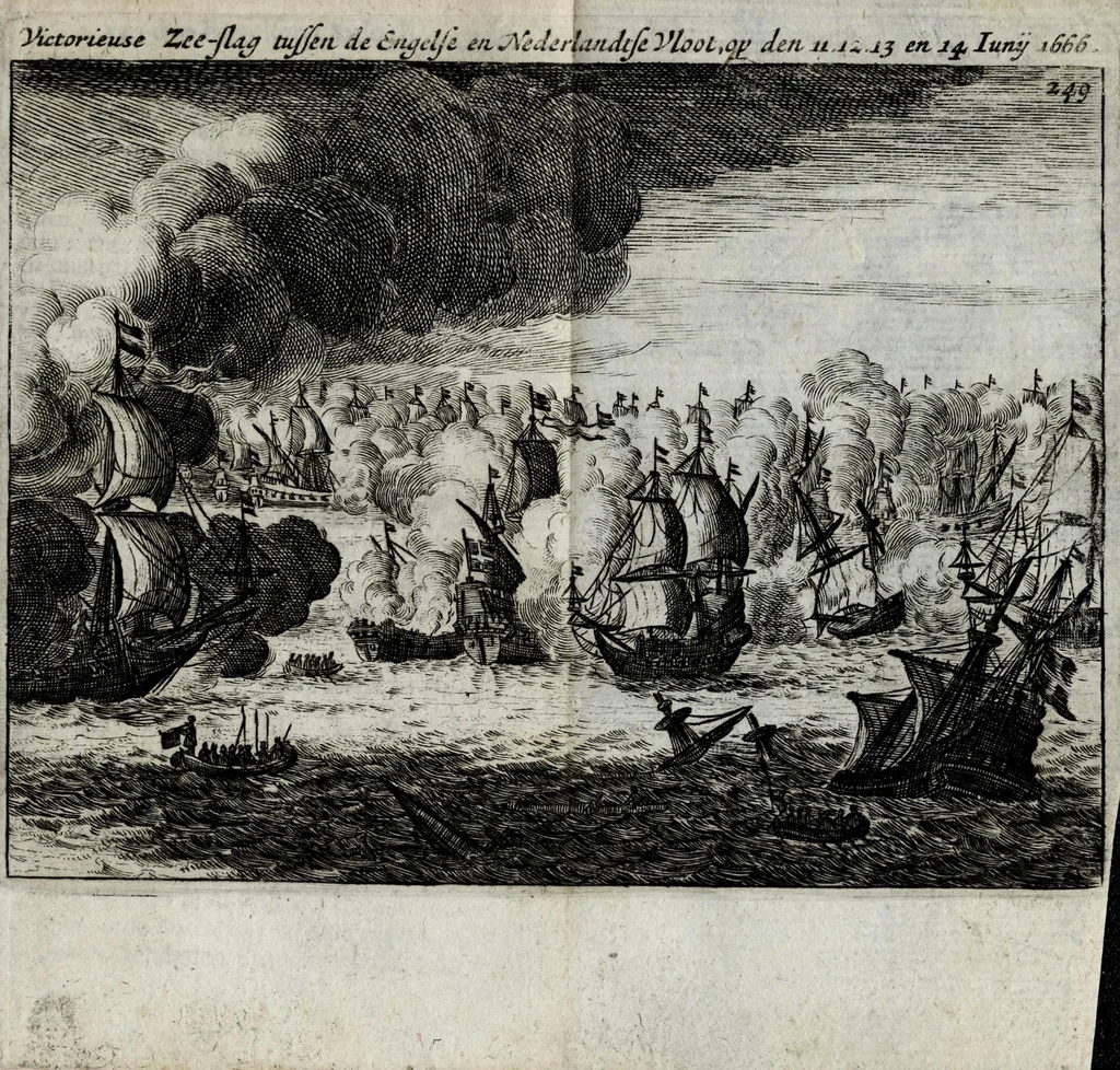 An illustration from Den Engelsen en Munstersen oorlogh t'egen de Vrye Vereenighde Nederlanden : beginnede in den jare 1664 en eyndigende met het sluyten van de vrede tot Breda, anno 1667, in 't kort beschreven : met de autenthijcke stucken en brieven van die geene, die den oorlogh en vredehandel self hebben by gewoont : nebens een inleydingh bevattende de ballinghschap en herstellingh van den tegenwoordigen Koningh van Engelandt, 1668, leaf 297