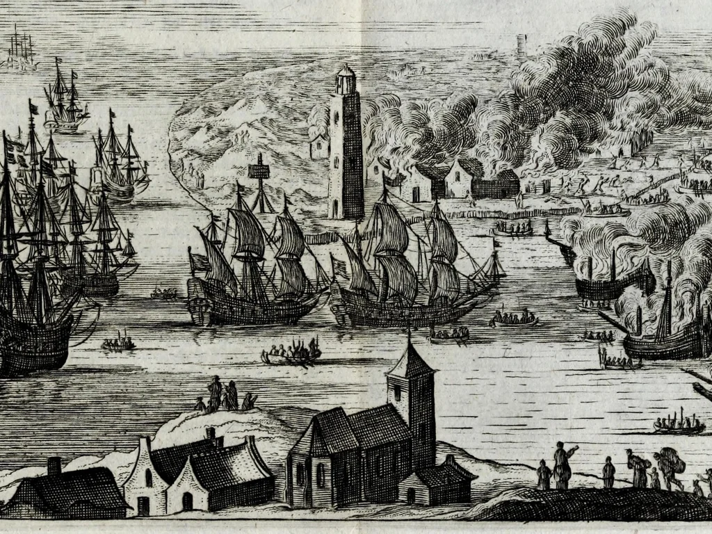 An illustration from Den Engelsen en Munstersen oorlogh t'egen de Vrye Vereenighde Nederlanden : beginnede in den jare 1664 en eyndigende met het sluyten van de vrede tot Breda, anno 1667, in 't kort beschreven : met de autenthijcke stucken en brieven van die geene, die den oorlogh en vredehandel self hebben by gewoont : nebens een inleydingh bevattende de ballinghschap en herstellingh van den tegenwoordigen Koningh van Engelandt, 1668, leaf 349