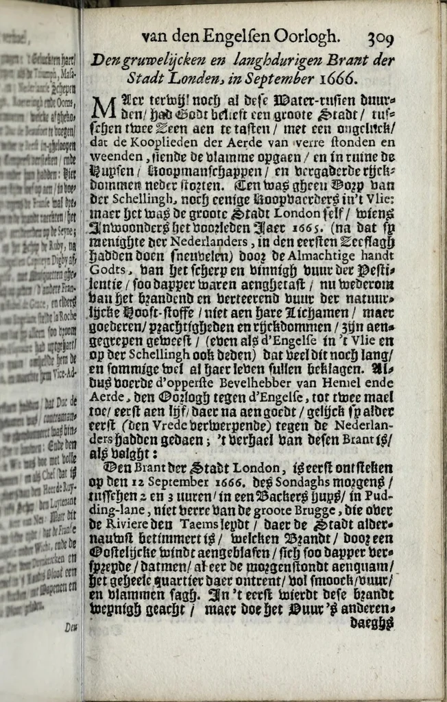 An illustration from Den Engelsen en Munstersen oorlogh t'egen de Vrye Vereenighde Nederlanden : beginnede in den jare 1664 en eyndigende met het sluyten van de vrede tot Breda, anno 1667, in 't kort beschreven : met de autenthijcke stucken en brieven van die geene, die den oorlogh en vredehandel self hebben by gewoont : nebens een inleydingh bevattende de ballinghschap en herstellingh van den tegenwoordigen Koningh van Engelandt, 1668, leaf 363