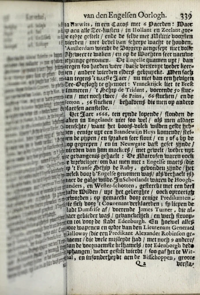 An illustration from Den Engelsen en Munstersen oorlogh t'egen de Vrye Vereenighde Nederlanden : beginnede in den jare 1664 en eyndigende met het sluyten van de vrede tot Breda, anno 1667, in 't kort beschreven : met de autenthijcke stucken en brieven van die geene, die den oorlogh en vredehandel self hebben by gewoont : nebens een inleydingh bevattende de ballinghschap en herstellingh van den tegenwoordigen Koningh van Engelandt, 1668, leaf 403