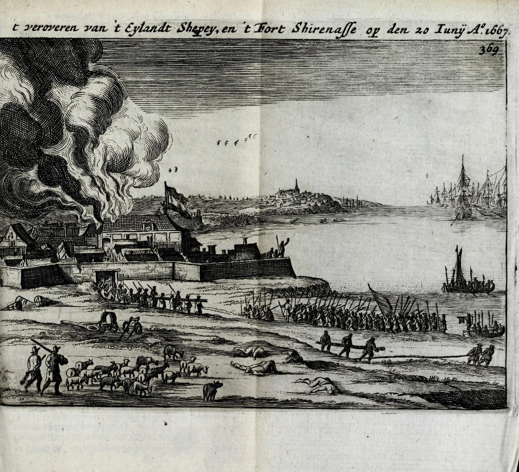 An illustration from Den Engelsen en Munstersen oorlogh t'egen de Vrye Vereenighde Nederlanden : beginnede in den jare 1664 en eyndigende met het sluyten van de vrede tot Breda, anno 1667, in 't kort beschreven : met de autenthijcke stucken en brieven van die geene, die den oorlogh en vredehandel self hebben by gewoont : nebens een inleydingh bevattende de ballinghschap en herstellingh van den tegenwoordigen Koningh van Engelandt, 1668, leaf 437