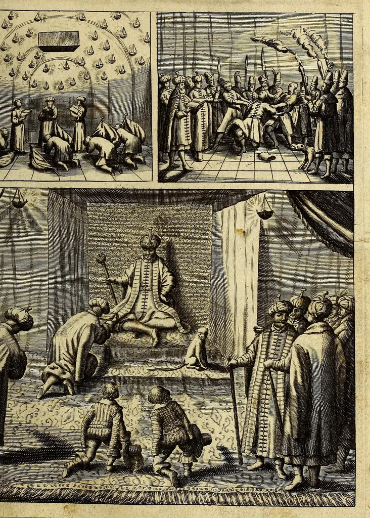 An illustration from De nieuwe bereysde wereldt ofte een korte en bondige beschryvinghe van alle landen en coningrijcken van dien. : Waer inne yder bysonderlijck zijn manieren van leven, religien, huyschoudinge en vrucktbaerheyt haerder landen werden aengewesen : mitsgaders aller pausen, keysers, konigen en vorsten successie, begin en eynde., 1662, leaf 135