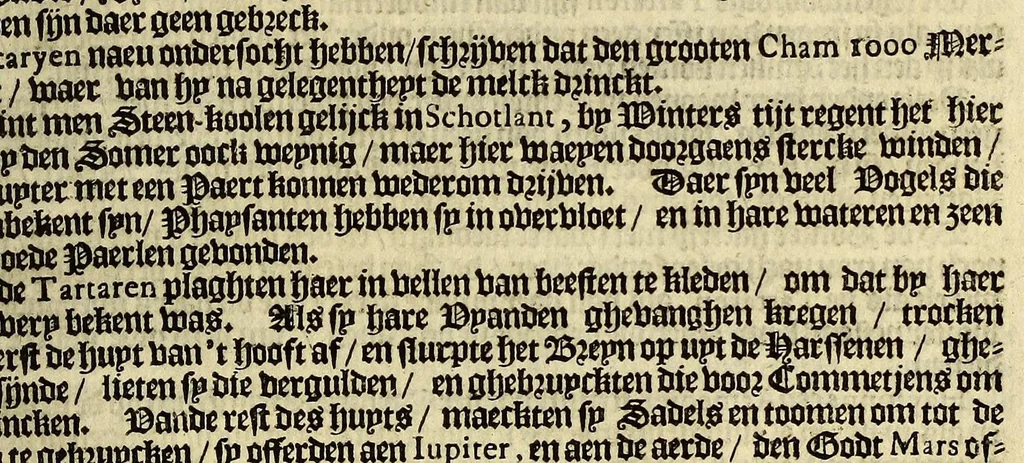 An illustration from De nieuwe bereysde wereldt ofte een korte en bondige beschryvinghe van alle landen en coningrijcken van dien. : Waer inne yder bysonderlijck zijn manieren van leven, religien, huyschoudinge en vrucktbaerheyt haerder landen werden aengewesen : mitsgaders aller pausen, keysers, konigen en vorsten successie, begin en eynde., 1662, leaf 149