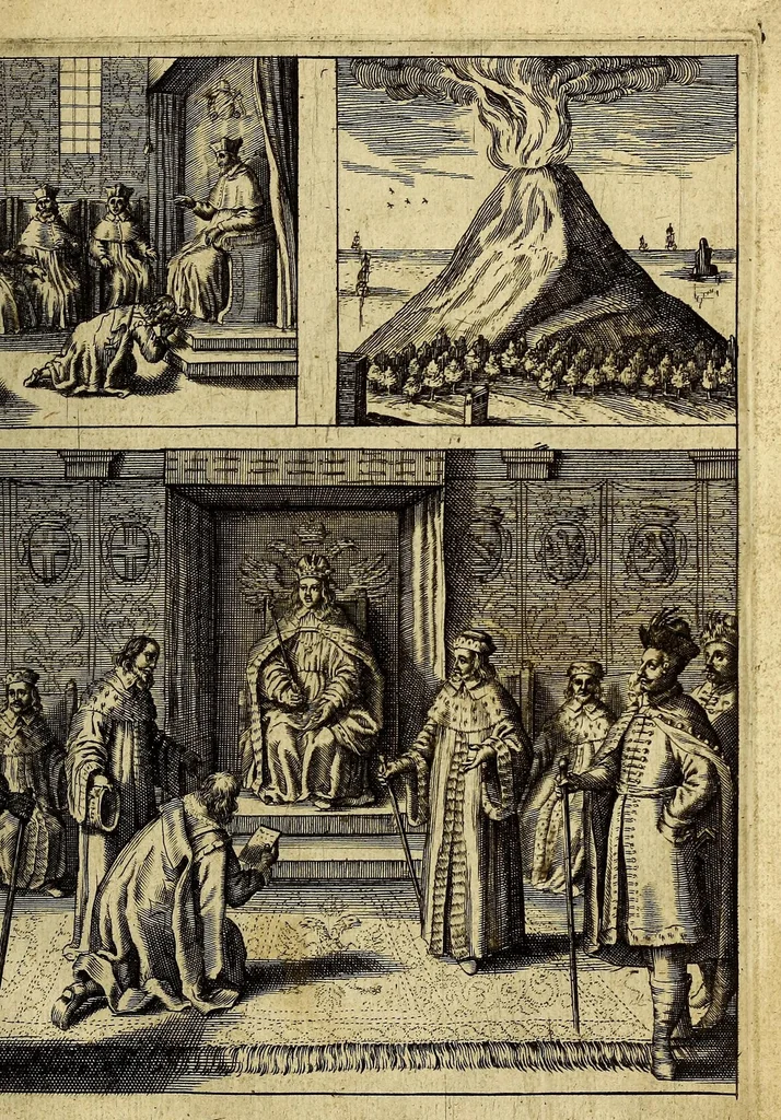 An illustration from De nieuwe bereysde wereldt ofte een korte en bondige beschryvinghe van alle landen en coningrijcken van dien. : Waer inne yder bysonderlijck zijn manieren van leven, religien, huyschoudinge en vrucktbaerheyt haerder landen werden aengewesen : mitsgaders aller pausen, keysers, konigen en vorsten successie, begin en eynde., 1662, leaf 31