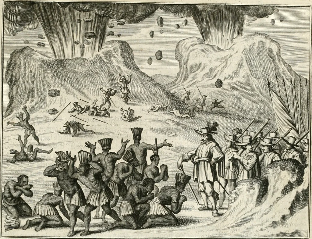 An illustration from De nieuwe en onbekende weereld, of, Beschryving van America en 't zuid-land : vervaetende d'oorsprong der Americaenen en zuid-landers, gedenkwaerdige togten derwaerds, gelegendheid der vaste kusten, eilanden, steden, sterkten, dorpen, tempels, bergen, fonteinen, stroomen, huisen, de natuur van beesten, boomen, planten en vreemde gewasschen, Gods-dienst en zeden, wonderlijke voorvallen, vereeuwde en nieuwe oorlogen: verciert met af-beeldsels na 't leven in America gemaekt,, 1671, leaf 102