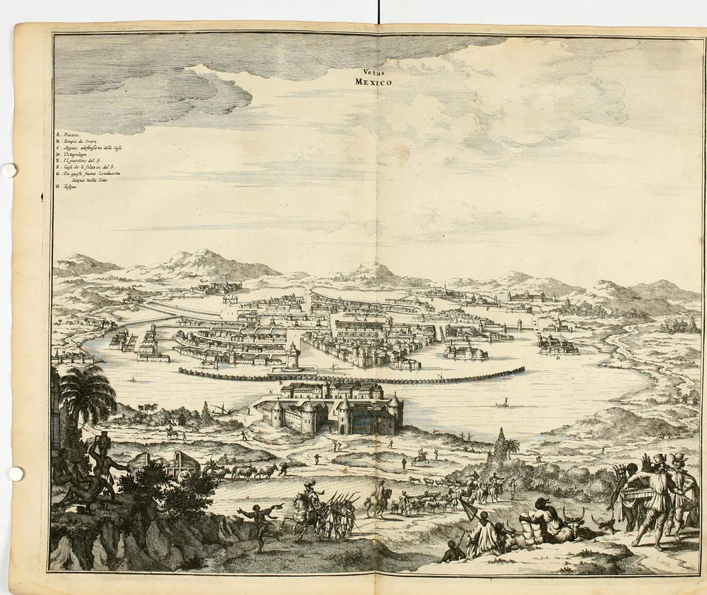 An illustration from De nieuwe en onbekende weereld, of, Beschryving van America en 't zuid-land : vervaetende d'oorsprong der Americaenen en zuid-landers, gedenkwaerdige togten derwaerds, gelegendheid der vaste kusten, eilanden, steden, sterkten, dorpen, tempels, bergen, fonteinen, stroomen, huisen, de natuur van beesten, boomen, planten en vreemde gewasschen, Gods-dienst en zeden, wonderlijke voorvallen, vereeuwde en nieuwe oorlogen: verciert met af-beeldsels na 't leven in America gemaekt,, 1671, leaf 105