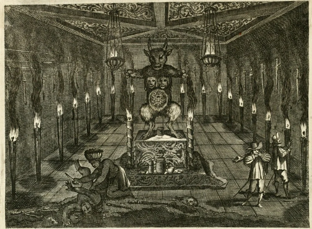 An illustration from De nieuwe en onbekende weereld, of, Beschryving van America en 't zuid-land : vervaetende d'oorsprong der Americaenen en zuid-landers, gedenkwaerdige togten derwaerds, gelegendheid der vaste kusten, eilanden, steden, sterkten, dorpen, tempels, bergen, fonteinen, stroomen, huisen, de natuur van beesten, boomen, planten en vreemde gewasschen, Gods-dienst en zeden, wonderlijke voorvallen, vereeuwde en nieuwe oorlogen: verciert met af-beeldsels na 't leven in America gemaekt,, 1671, leaf 107
