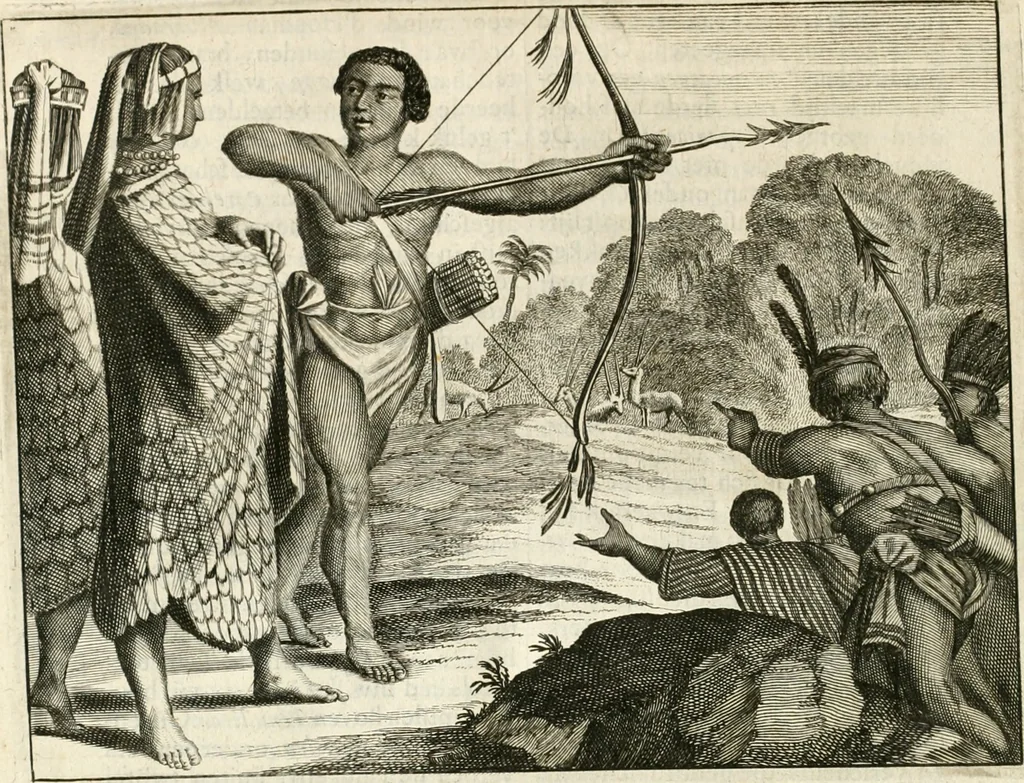 An illustration from De nieuwe en onbekende weereld, of, Beschryving van America en 't zuid-land : vervaetende d'oorsprong der Americaenen en zuid-landers, gedenkwaerdige togten derwaerds, gelegendheid der vaste kusten, eilanden, steden, sterkten, dorpen, tempels, bergen, fonteinen, stroomen, huisen, de natuur van beesten, boomen, planten en vreemde gewasschen, Gods-dienst en zeden, wonderlijke voorvallen, vereeuwde en nieuwe oorlogen: verciert met af-beeldsels na 't leven in America gemaekt,, 1671, leaf 111