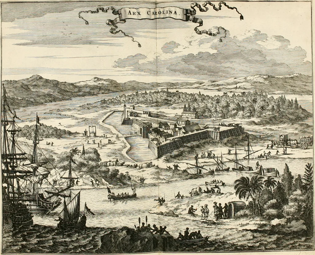 An illustration from De nieuwe en onbekende weereld, of, Beschryving van America en 't zuid-land : vervaetende d'oorsprong der Americaenen en zuid-landers, gedenkwaerdige togten derwaerds, gelegendheid der vaste kusten, eilanden, steden, sterkten, dorpen, tempels, bergen, fonteinen, stroomen, huisen, de natuur van beesten, boomen, planten en vreemde gewasschen, Gods-dienst en zeden, wonderlijke voorvallen, vereeuwde en nieuwe oorlogen: verciert met af-beeldsels na 't leven in America gemaekt,, 1671, leaf 115