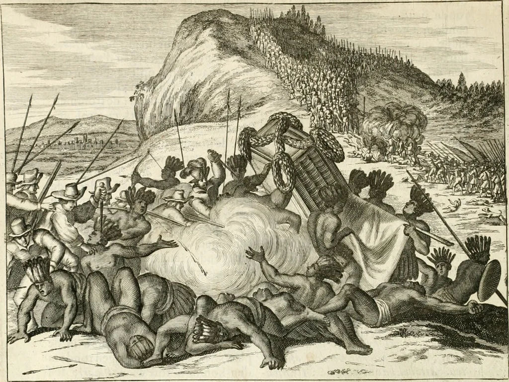 An illustration from De nieuwe en onbekende weereld, of, Beschryving van America en 't zuid-land : vervaetende d'oorsprong der Americaenen en zuid-landers, gedenkwaerdige togten derwaerds, gelegendheid der vaste kusten, eilanden, steden, sterkten, dorpen, tempels, bergen, fonteinen, stroomen, huisen, de natuur van beesten, boomen, planten en vreemde gewasschen, Gods-dienst en zeden, wonderlijke voorvallen, vereeuwde en nieuwe oorlogen: verciert met af-beeldsels na 't leven in America gemaekt,, 1671, leaf 121
