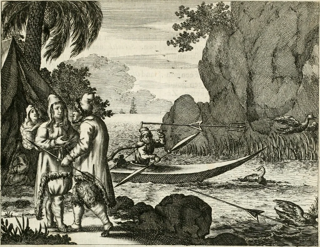 An illustration from De nieuwe en onbekende weereld, of, Beschryving van America en 't zuid-land : vervaetende d'oorsprong der Americaenen en zuid-landers, gedenkwaerdige togten derwaerds, gelegendheid der vaste kusten, eilanden, steden, sterkten, dorpen, tempels, bergen, fonteinen, stroomen, huisen, de natuur van beesten, boomen, planten en vreemde gewasschen, Gods-dienst en zeden, wonderlijke voorvallen, vereeuwde en nieuwe oorlogen: verciert met af-beeldsels na 't leven in America gemaekt,, 1671, leaf 130