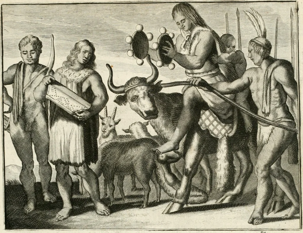 An illustration from De nieuwe en onbekende weereld, of, Beschryving van America en 't zuid-land : vervaetende d'oorsprong der Americaenen en zuid-landers, gedenkwaerdige togten derwaerds, gelegendheid der vaste kusten, eilanden, steden, sterkten, dorpen, tempels, bergen, fonteinen, stroomen, huisen, de natuur van beesten, boomen, planten en vreemde gewasschen, Gods-dienst en zeden, wonderlijke voorvallen, vereeuwde en nieuwe oorlogen: verciert met af-beeldsels na 't leven in America gemaekt,, 1671, leaf 136