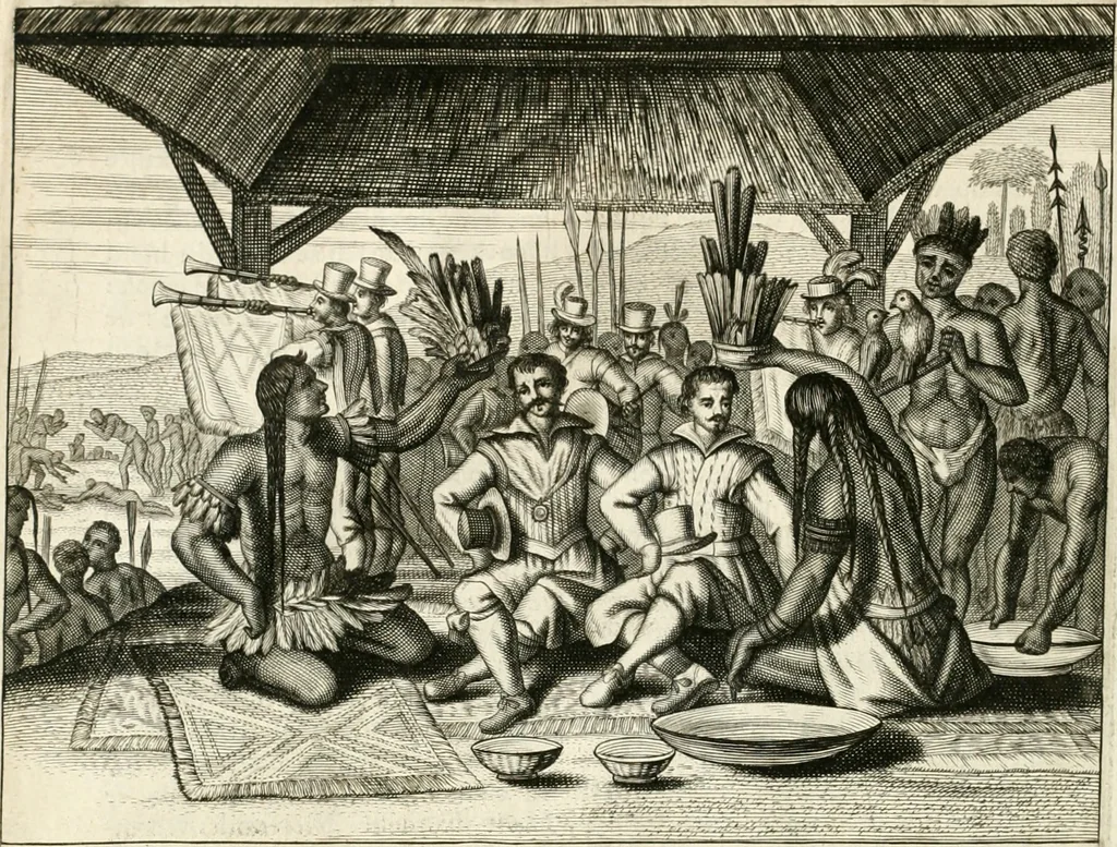 An illustration from De nieuwe en onbekende weereld, of, Beschryving van America en 't zuid-land : vervaetende d'oorsprong der Americaenen en zuid-landers, gedenkwaerdige togten derwaerds, gelegendheid der vaste kusten, eilanden, steden, sterkten, dorpen, tempels, bergen, fonteinen, stroomen, huisen, de natuur van beesten, boomen, planten en vreemde gewasschen, Gods-dienst en zeden, wonderlijke voorvallen, vereeuwde en nieuwe oorlogen: verciert met af-beeldsels na 't leven in America gemaekt,, 1671, leaf 139