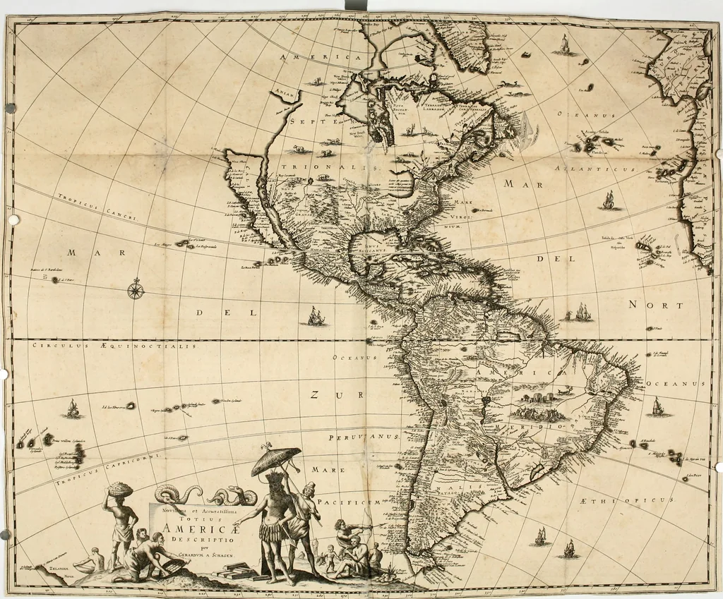 An illustration from De nieuwe en onbekende weereld, of, Beschryving van America en 't zuid-land : vervaetende d'oorsprong der Americaenen en zuid-landers, gedenkwaerdige togten derwaerds, gelegendheid der vaste kusten, eilanden, steden, sterkten, dorpen, tempels, bergen, fonteinen, stroomen, huisen, de natuur van beesten, boomen, planten en vreemde gewasschen, Gods-dienst en zeden, wonderlijke voorvallen, vereeuwde en nieuwe oorlogen: verciert met af-beeldsels na 't leven in America gemaekt,, 1671, leaf 14